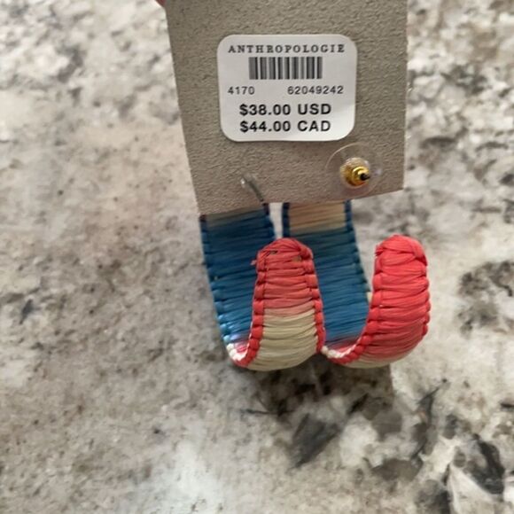 Anthropologie Raffia Hoop Earrings Red, Blue 2” New with Tag - Picture 2 of 4